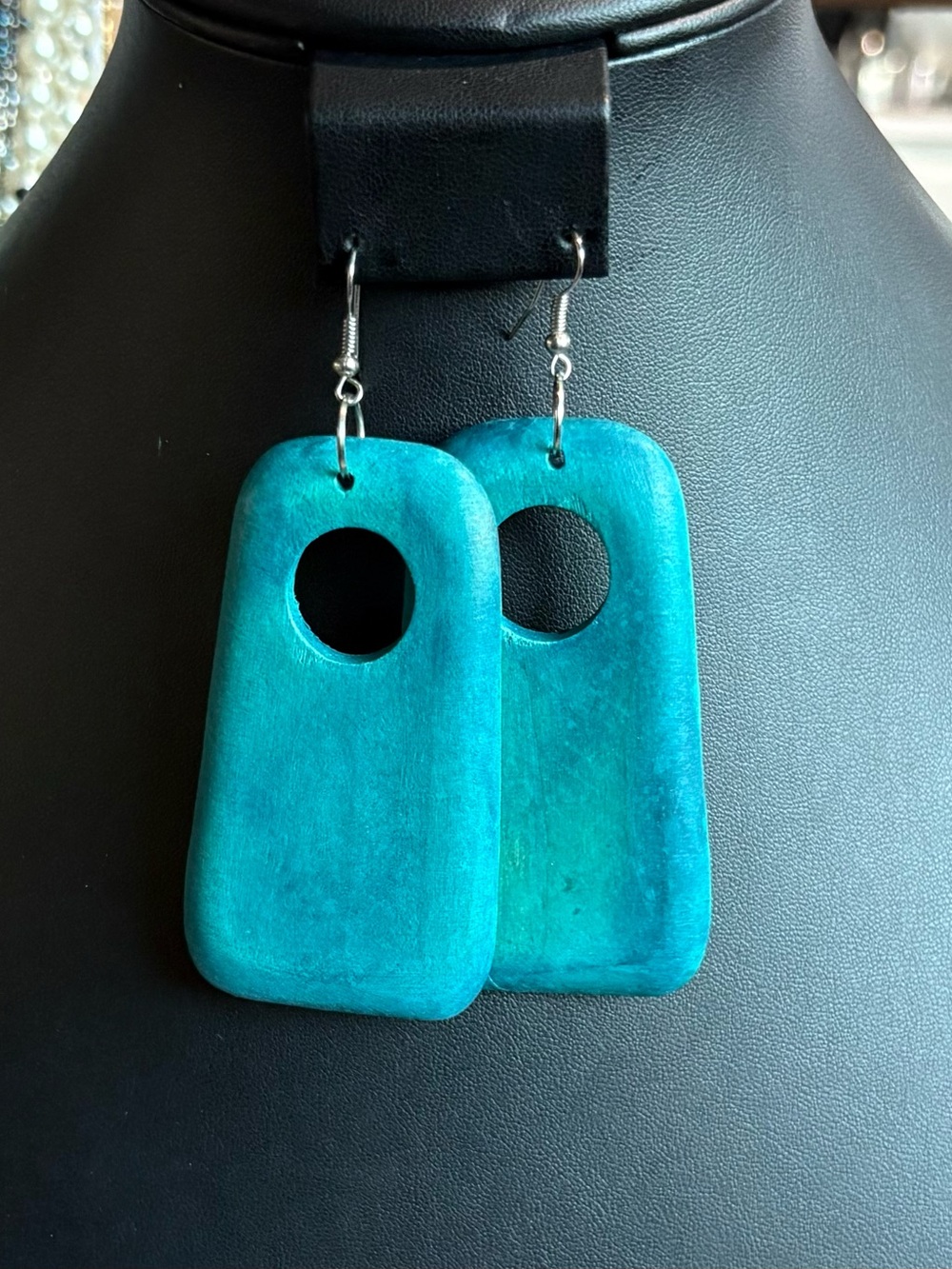 Teal Wooden Cutout Hoops Earrings